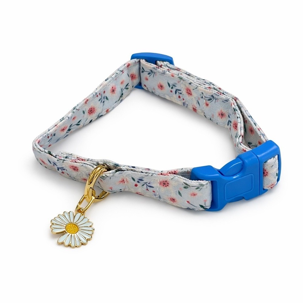Raisingwell Small Dog Collar Blue Floral Print with Daisy Charm Adjustable S